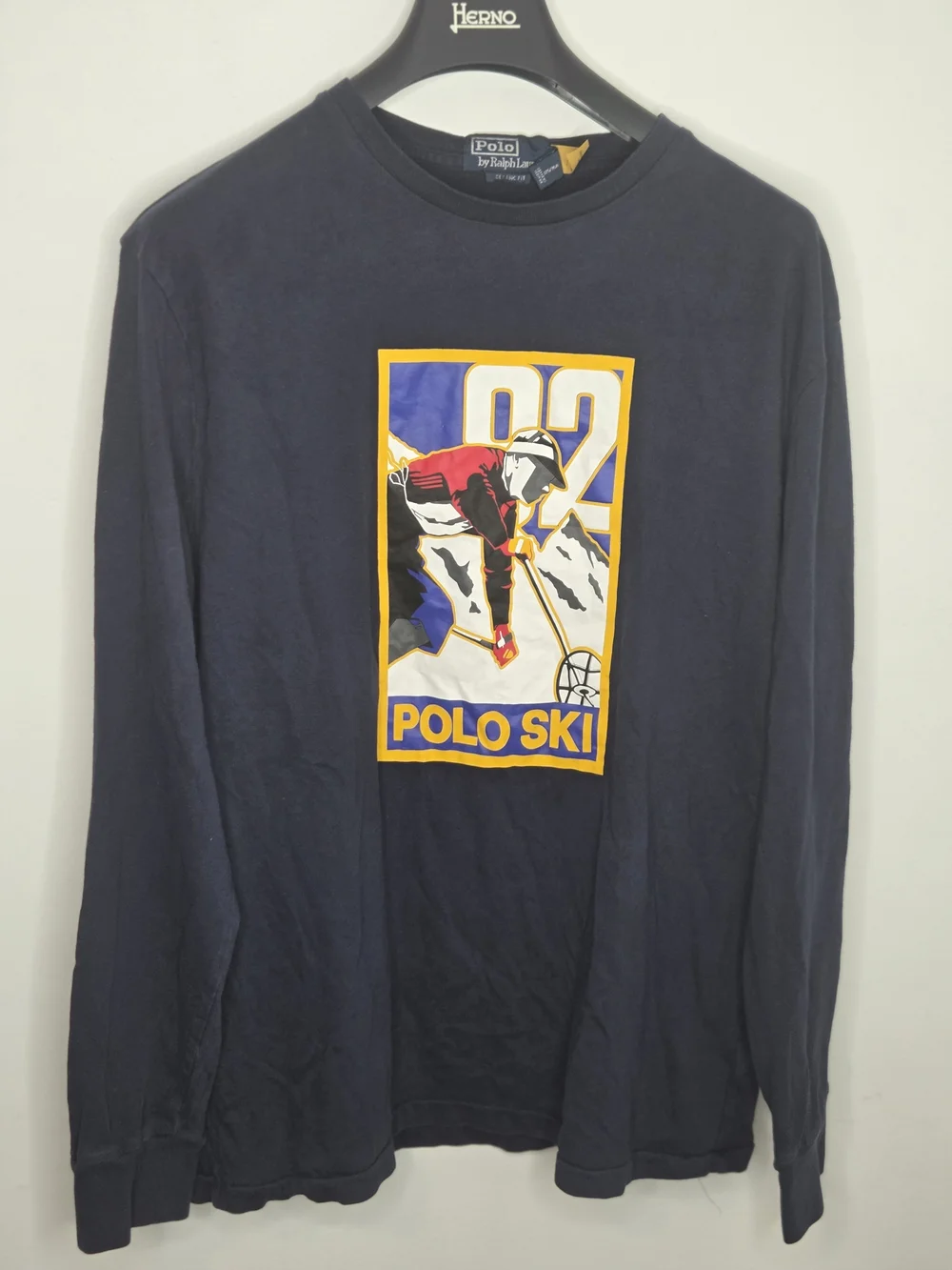 Polo by Ralph Lauren Mens Navy Long-Sleeve Shirt W/ Yellow Red Ski Graphic (M)